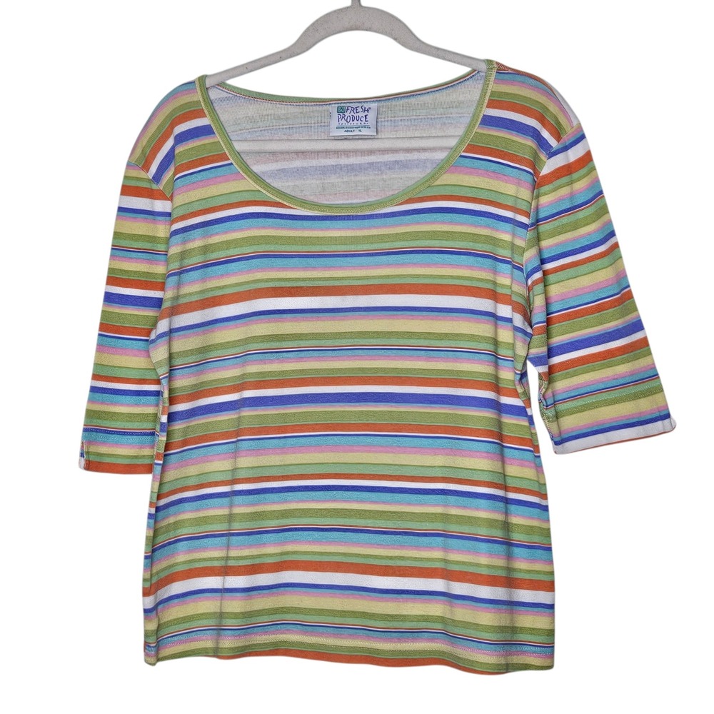 Fresh Produce Vintage XL Striped T-Shirt Top Colorful Crew Neck‎ Short Sleeve
